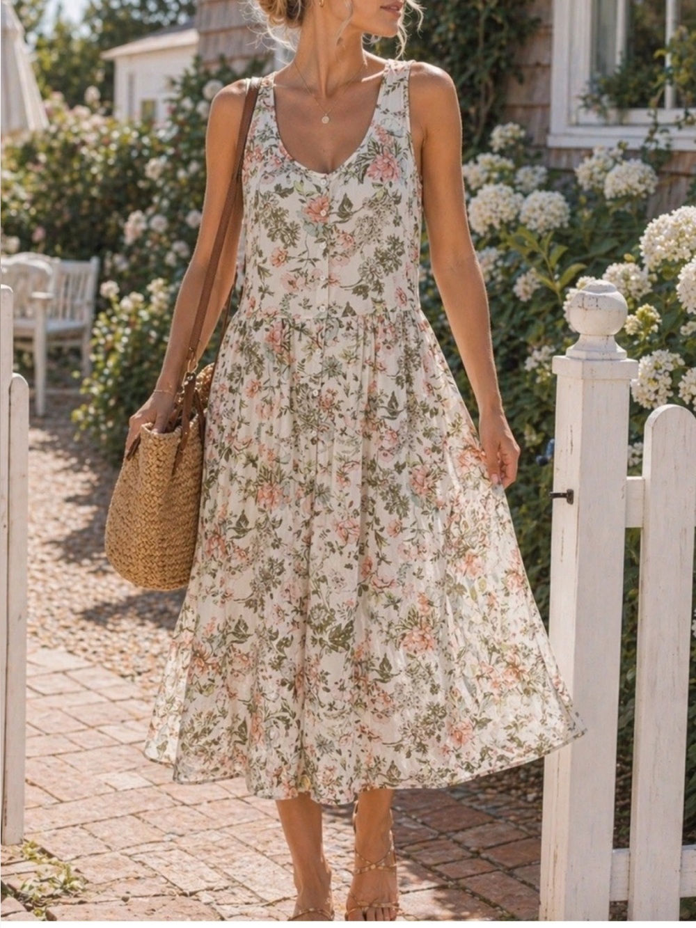 Frye Ivory Midi Dress with Blush Floral Print